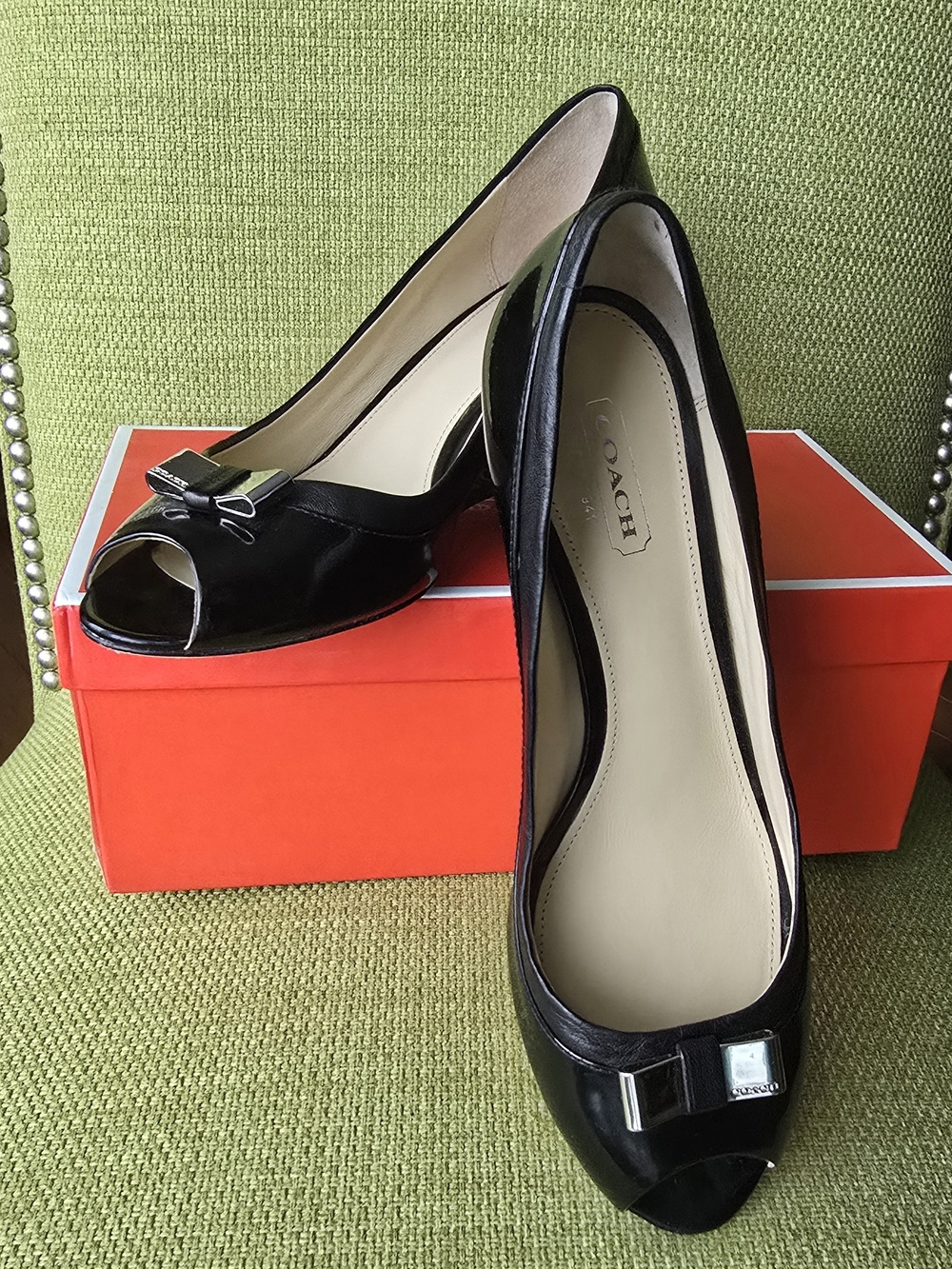 Coach Black Patent Leather Peep-Toe Wedge Pumps with Bow Accent - Picture 3 of 13
